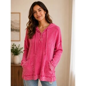 Zenana Womens Pink Mineral Wash Waffle Knit Henley Hoodie Sweatshirt Large